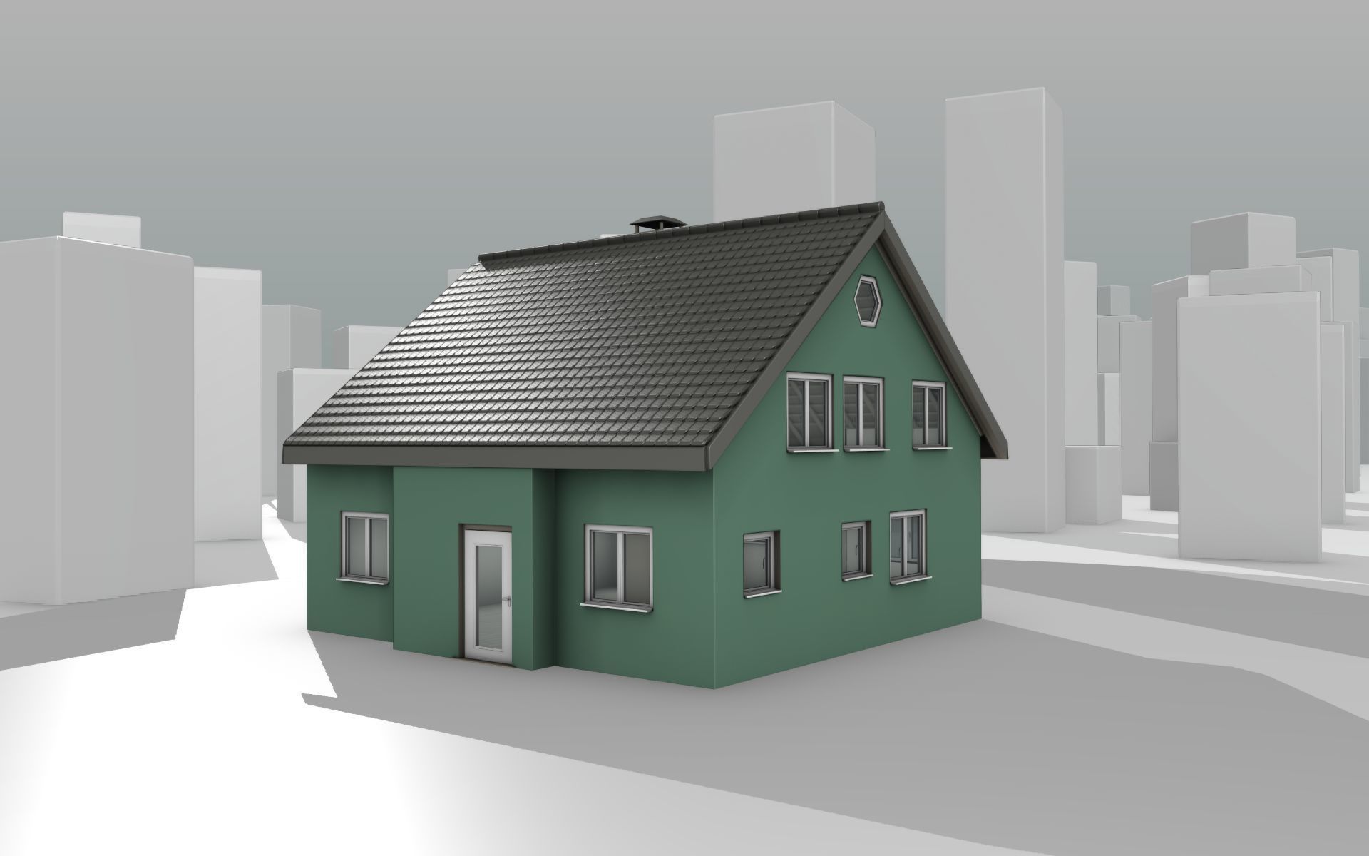 City House -17- Half-Double-House - Roof black- Wall green Low-poly 3D model_14