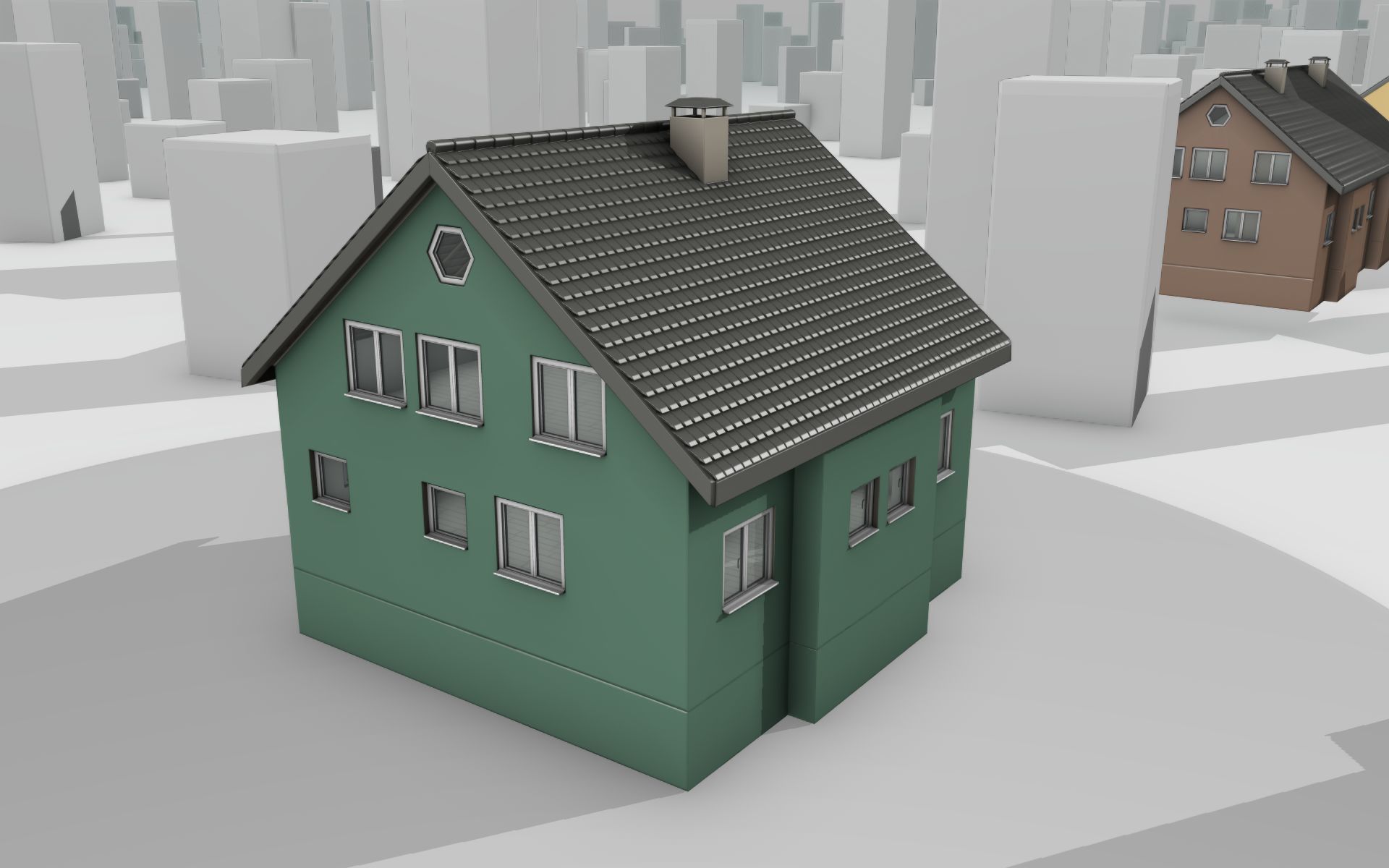 City House -17- Half-Double-House - Roof black- Wall green Low-poly 3D model_7