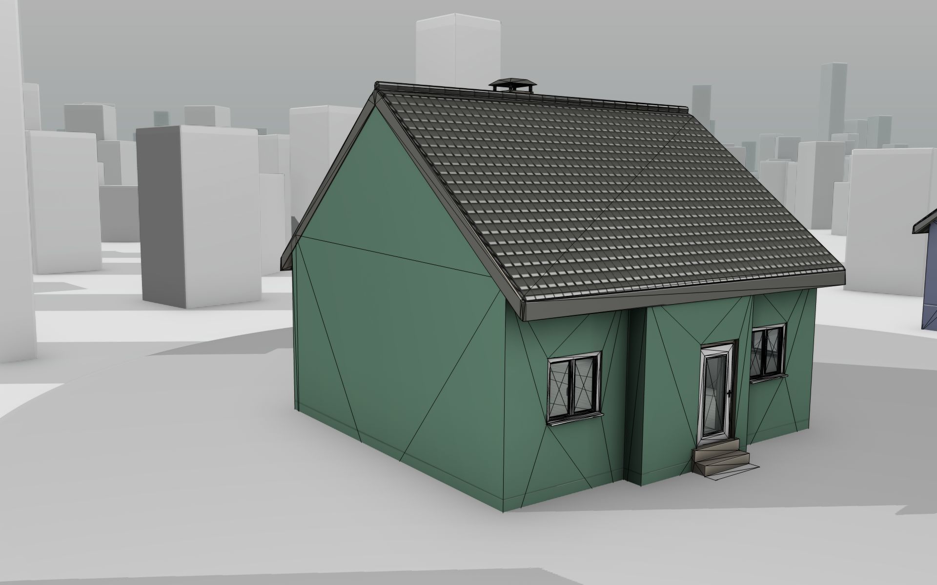 City House -17- Half-Double-House - Roof black- Wall green Low-poly 3D model_18