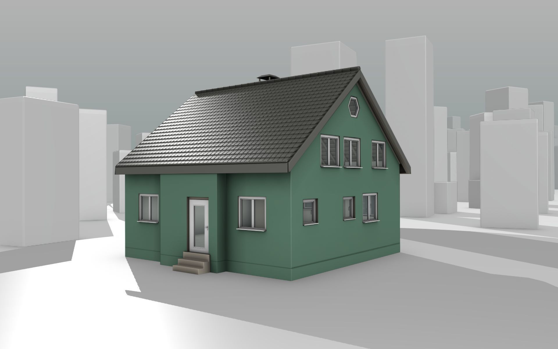 City House -17- Half-Double-House - Roof black- Wall green Low-poly 3D model_11