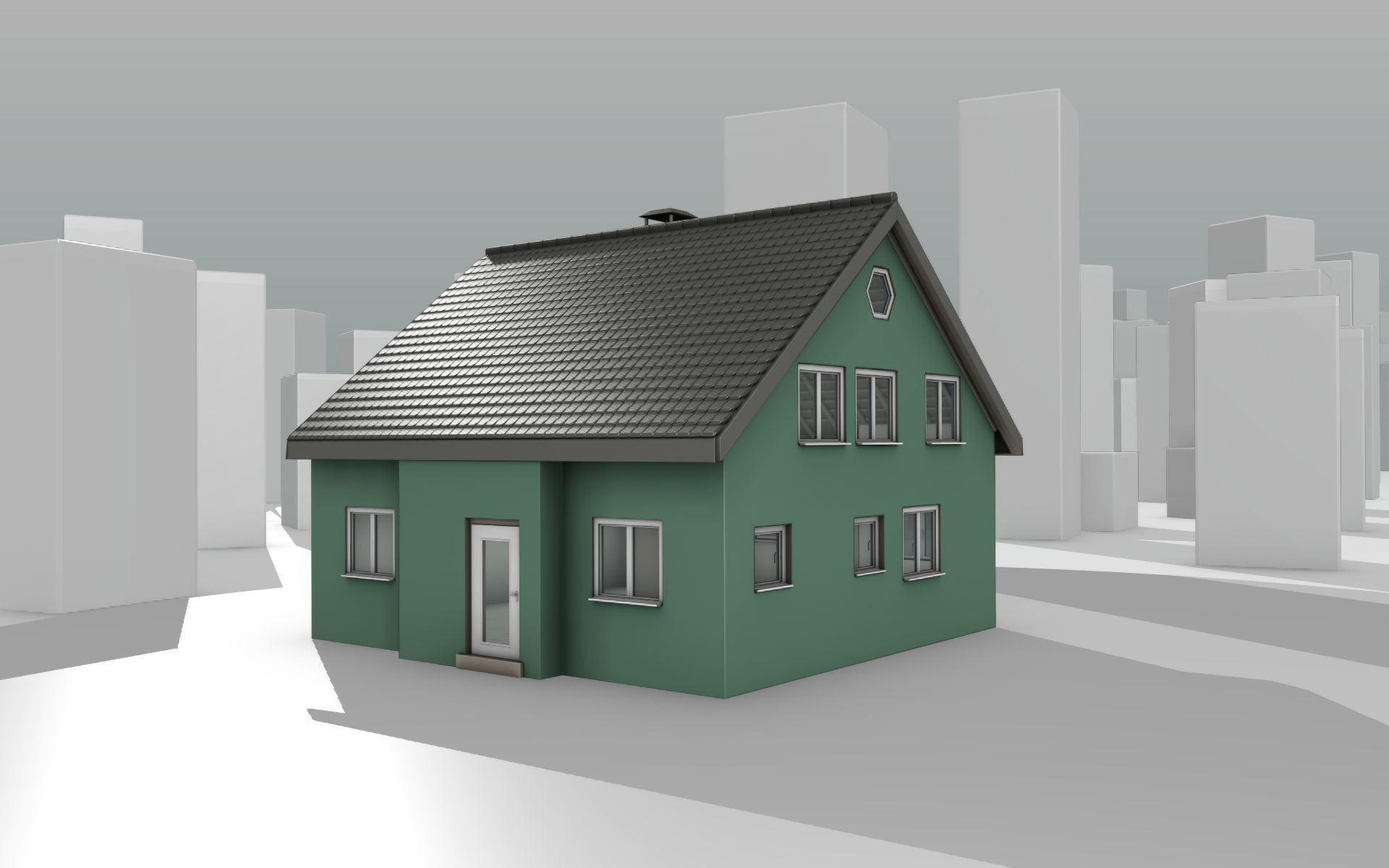 City House -17- Half-Double-House - Roof black- Wall green Low-poly 3D model_13