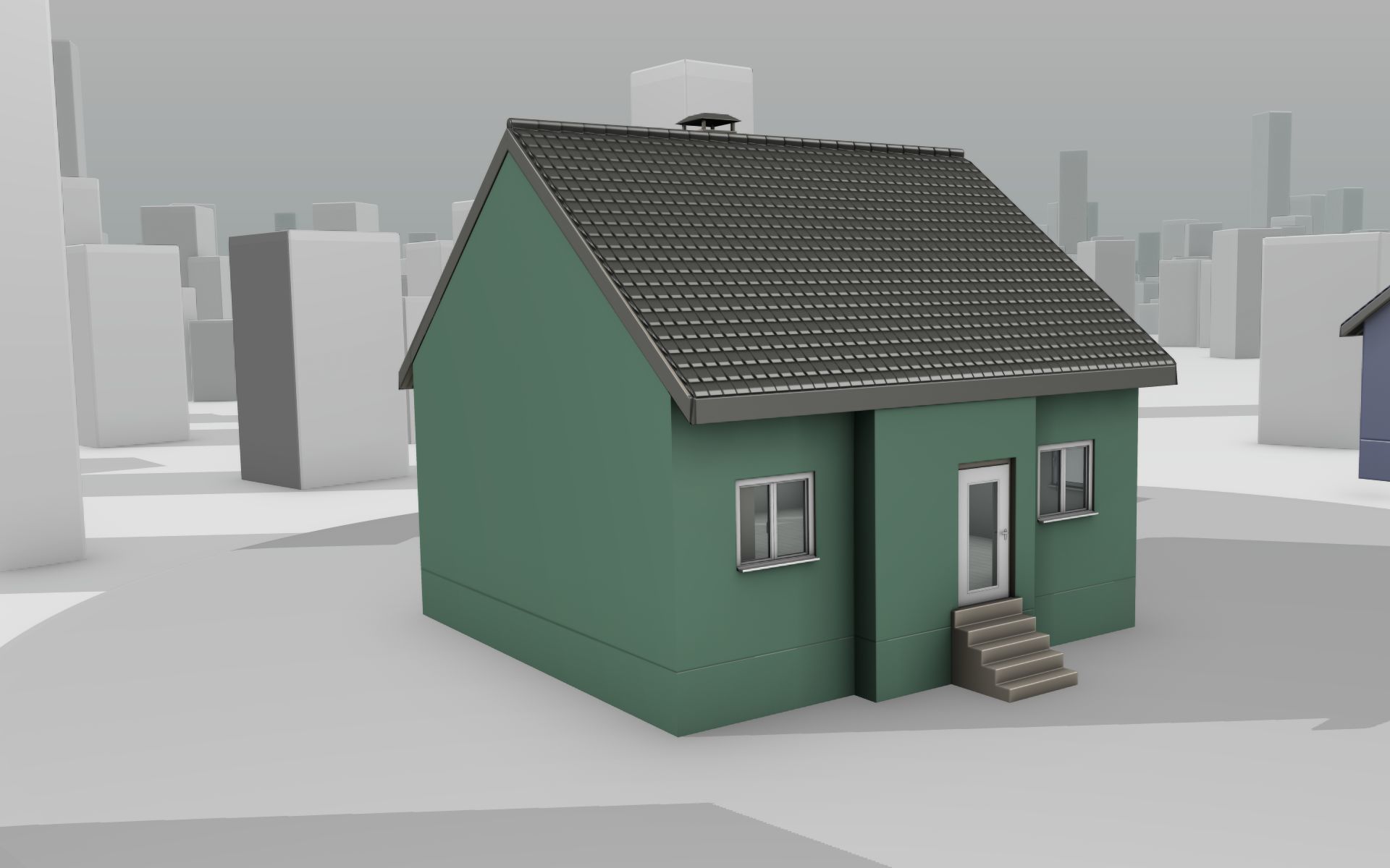 City House -17- Half-Double-House - Roof black- Wall green Low-poly 3D model_2