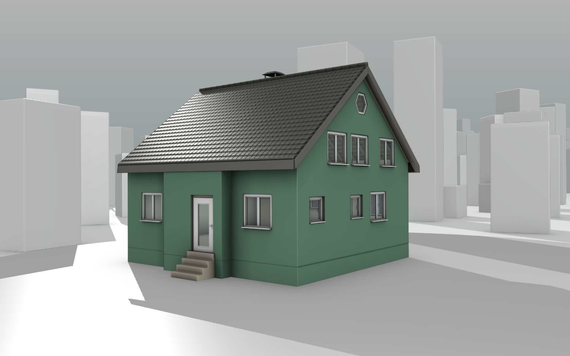 City House -17- Half-Double-House - Roof black- Wall green Low-poly 3D model_10