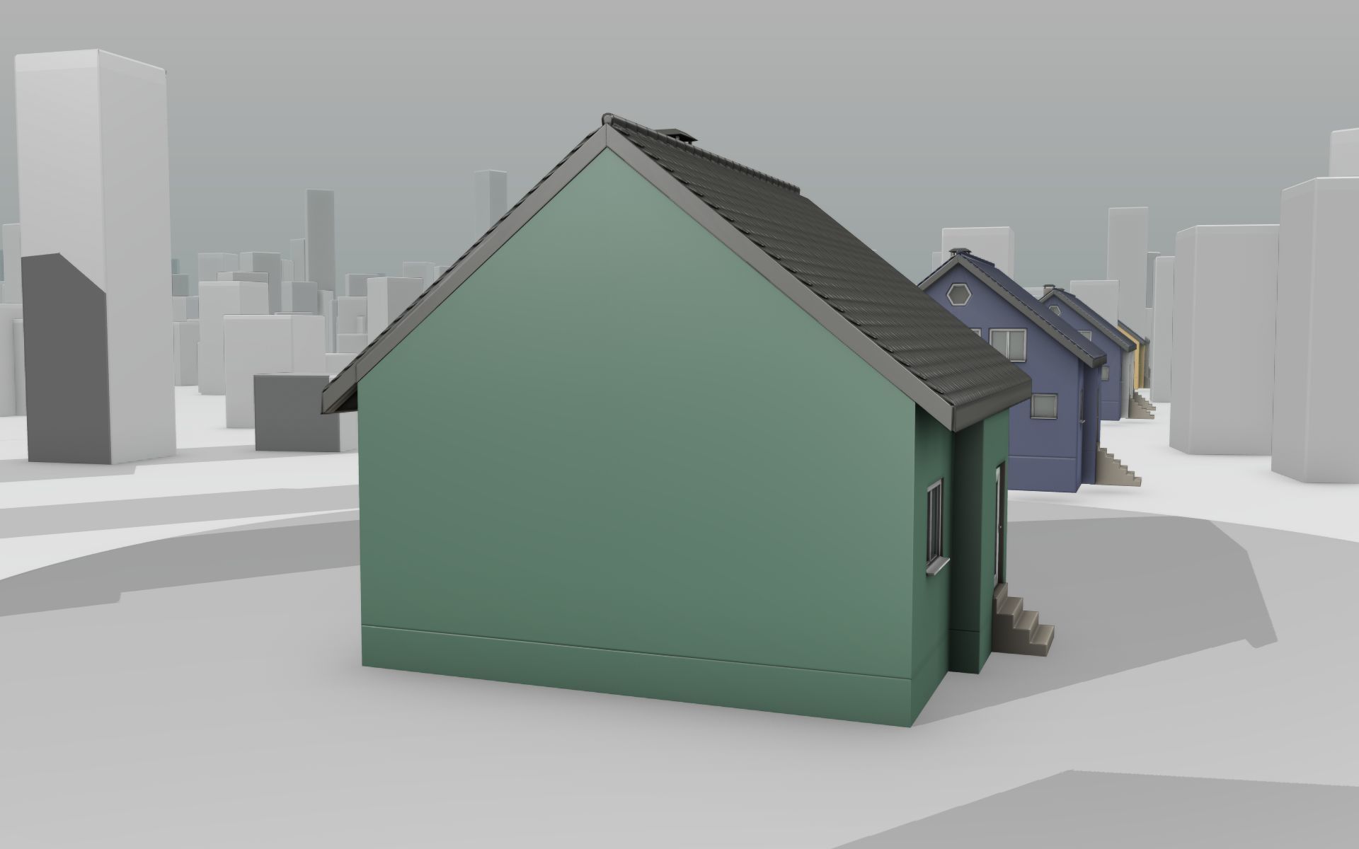 City House -17- Half-Double-House - Roof black- Wall green Low-poly 3D model_3
