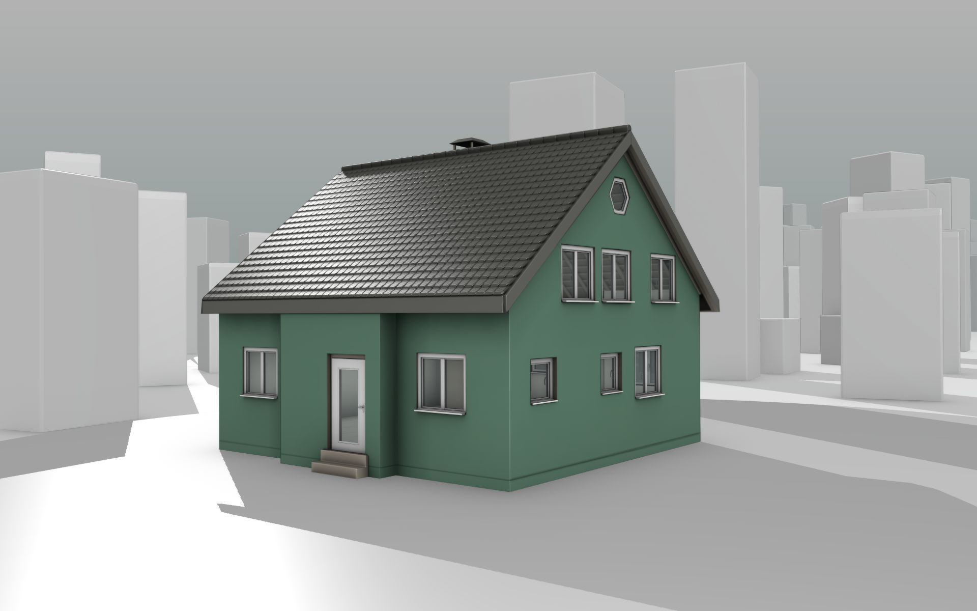 City House -17- Half-Double-House - Roof black- Wall green Low-poly 3D model_12