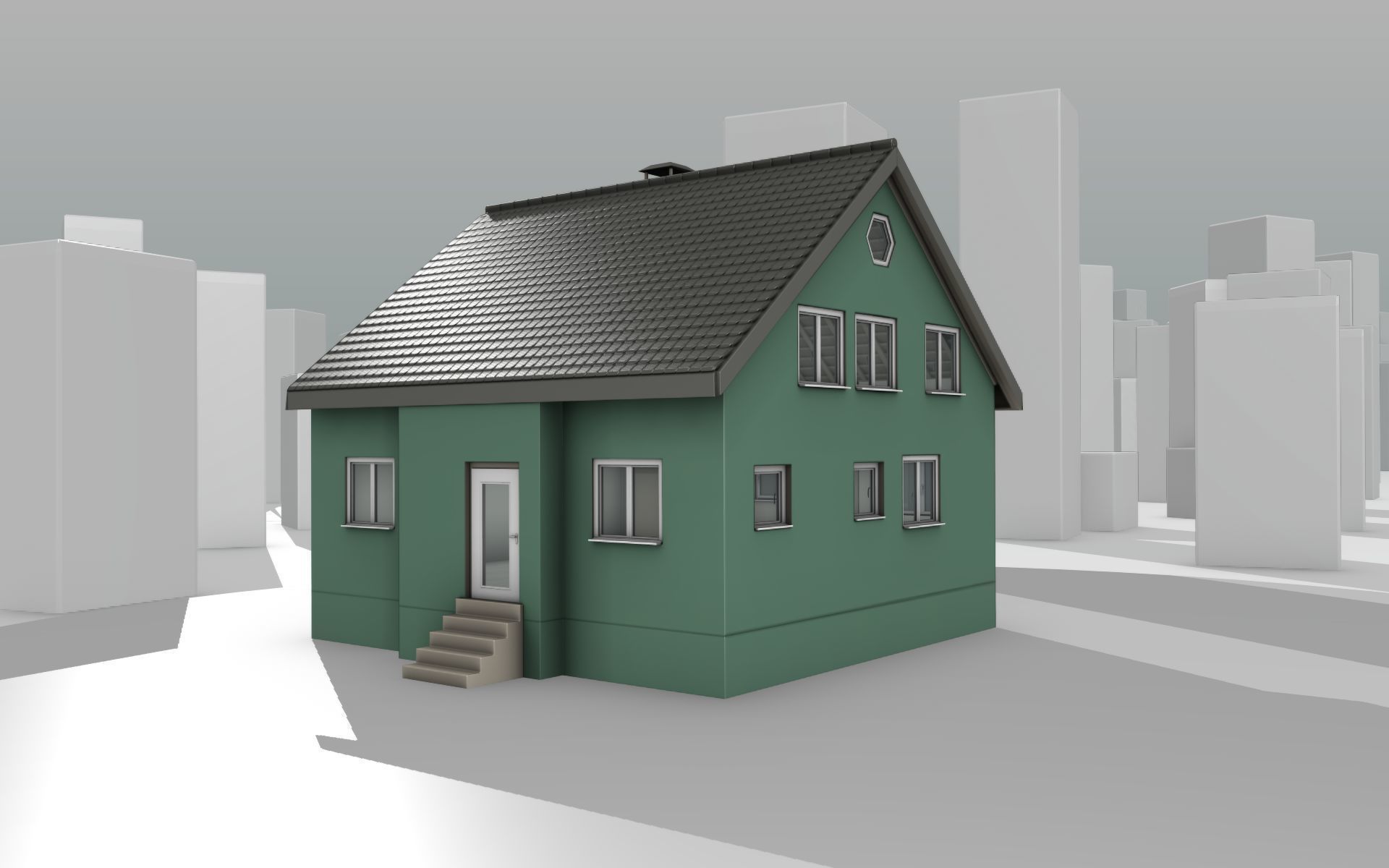 City House -17- Half-Double-House - Roof black- Wall green Low-poly 3D model_9