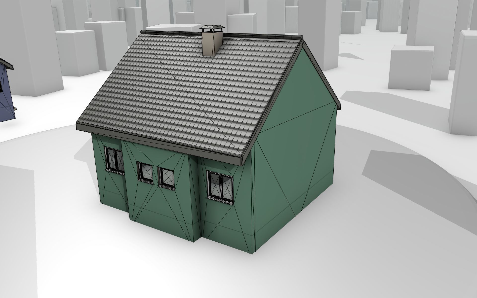 City House -17- Half-Double-House - Roof black- Wall green Low-poly 3D model_15
