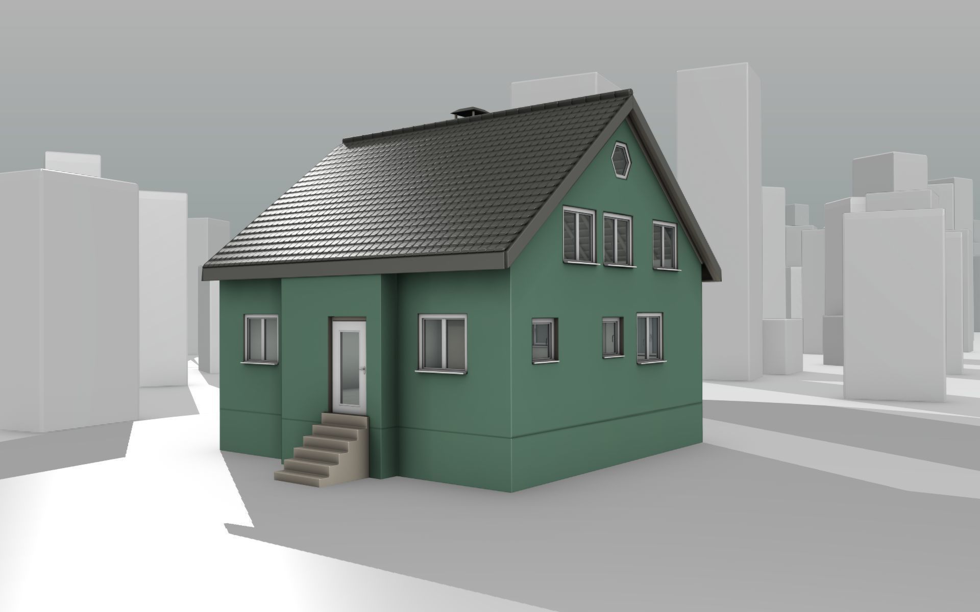 City House -17- Half-Double-House - Roof black- Wall green Low-poly 3D model_8