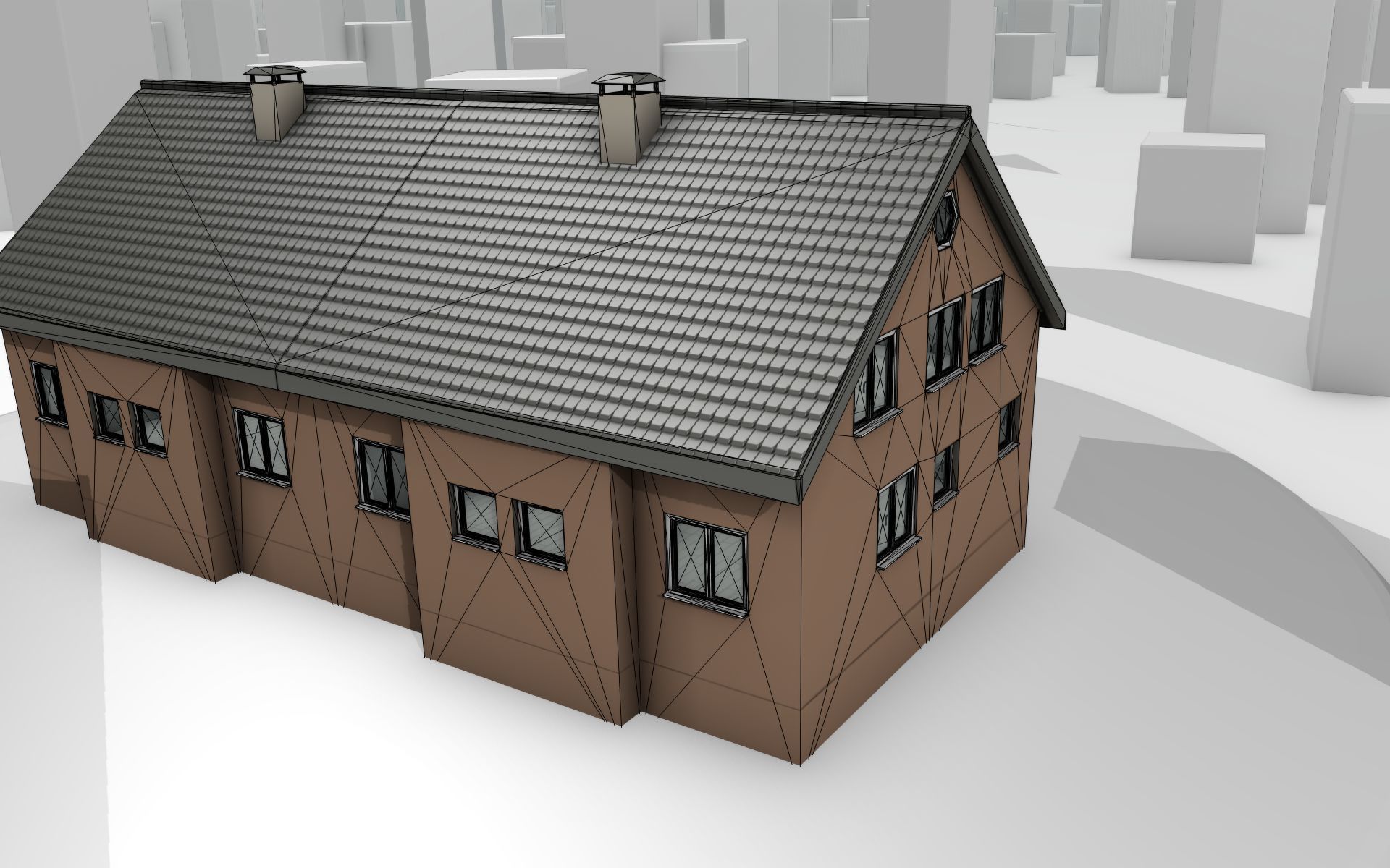 City House -16- Double-House - Roof black - Wall brown Low-poly 3D model_17