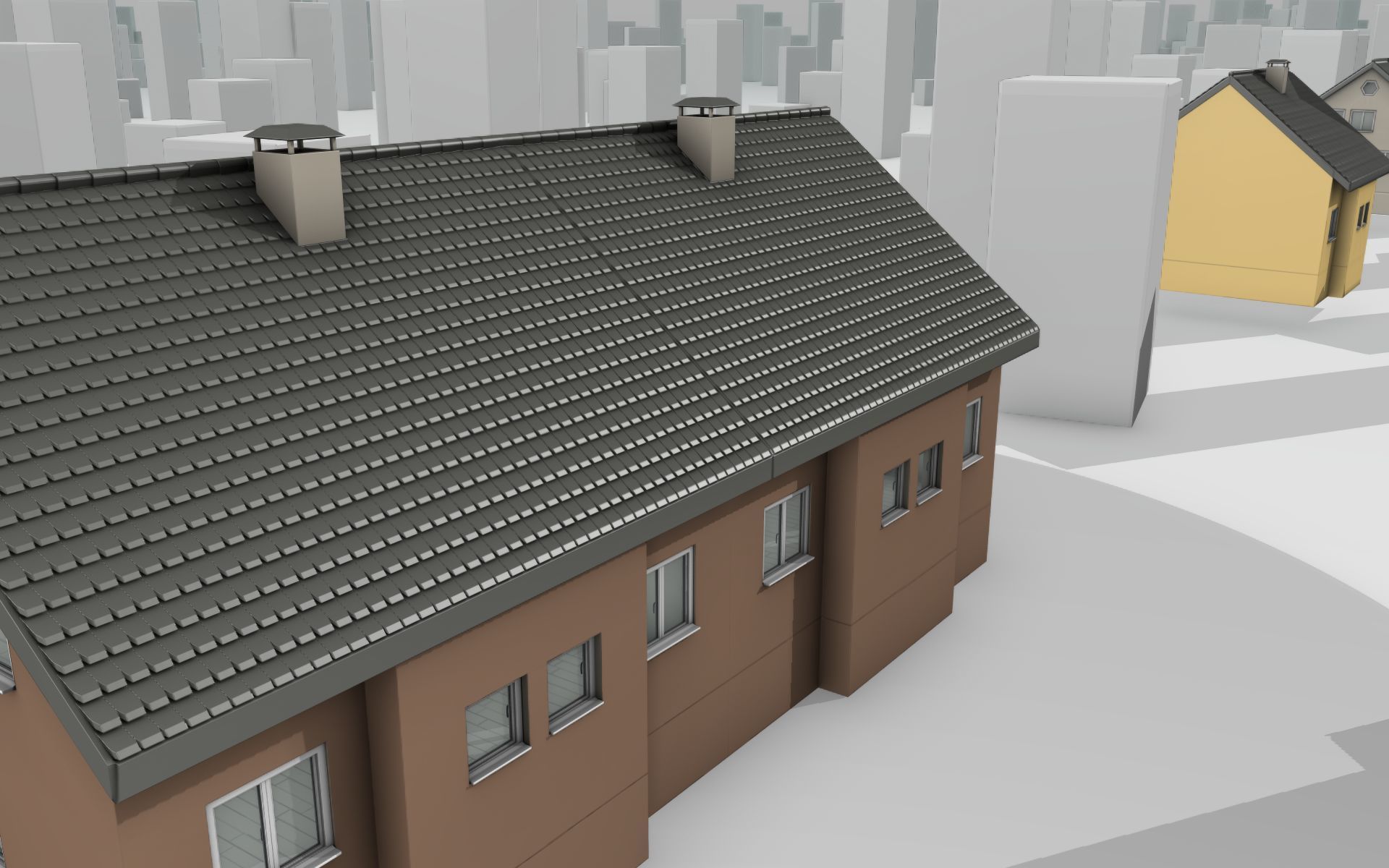 City House -16- Double-House - Roof black - Wall brown Low-poly 3D model_7