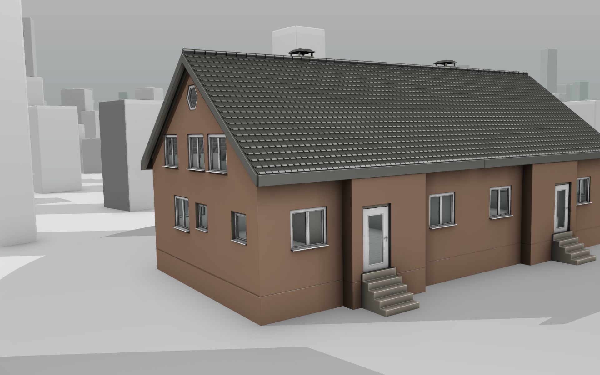 City House -16- Double-House - Roof black - Wall brown Low-poly 3D model_2