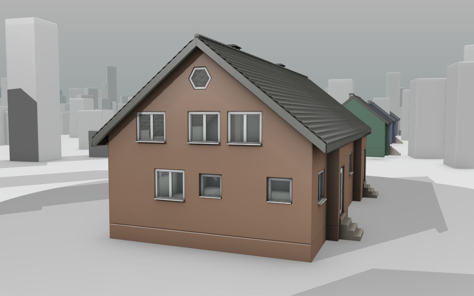 City House -16- Double-House - Roof black - Wall brown Low-poly 3D model_3