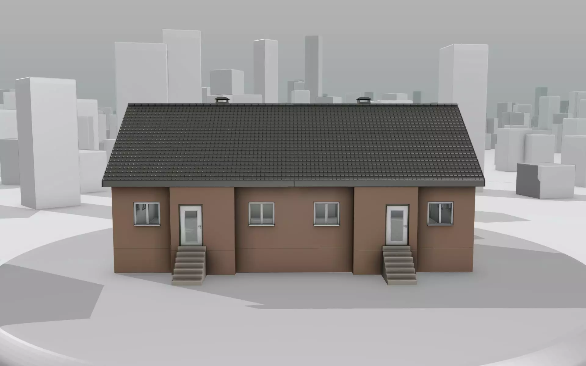 City House -16- Double-House - Roof black - Wall brown Low-poly 3D model_0