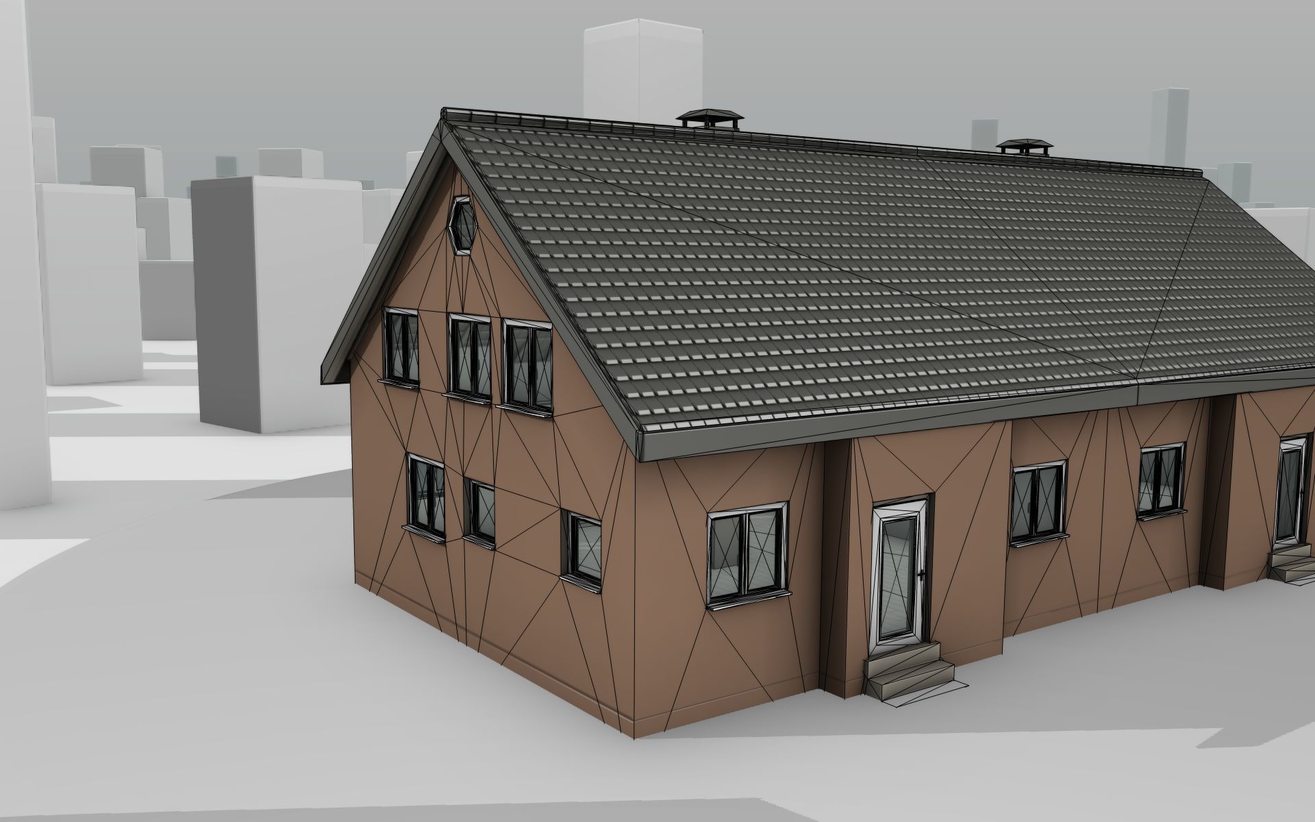 City House -16- Double-House - Roof black - Wall brown Low-poly 3D model_20