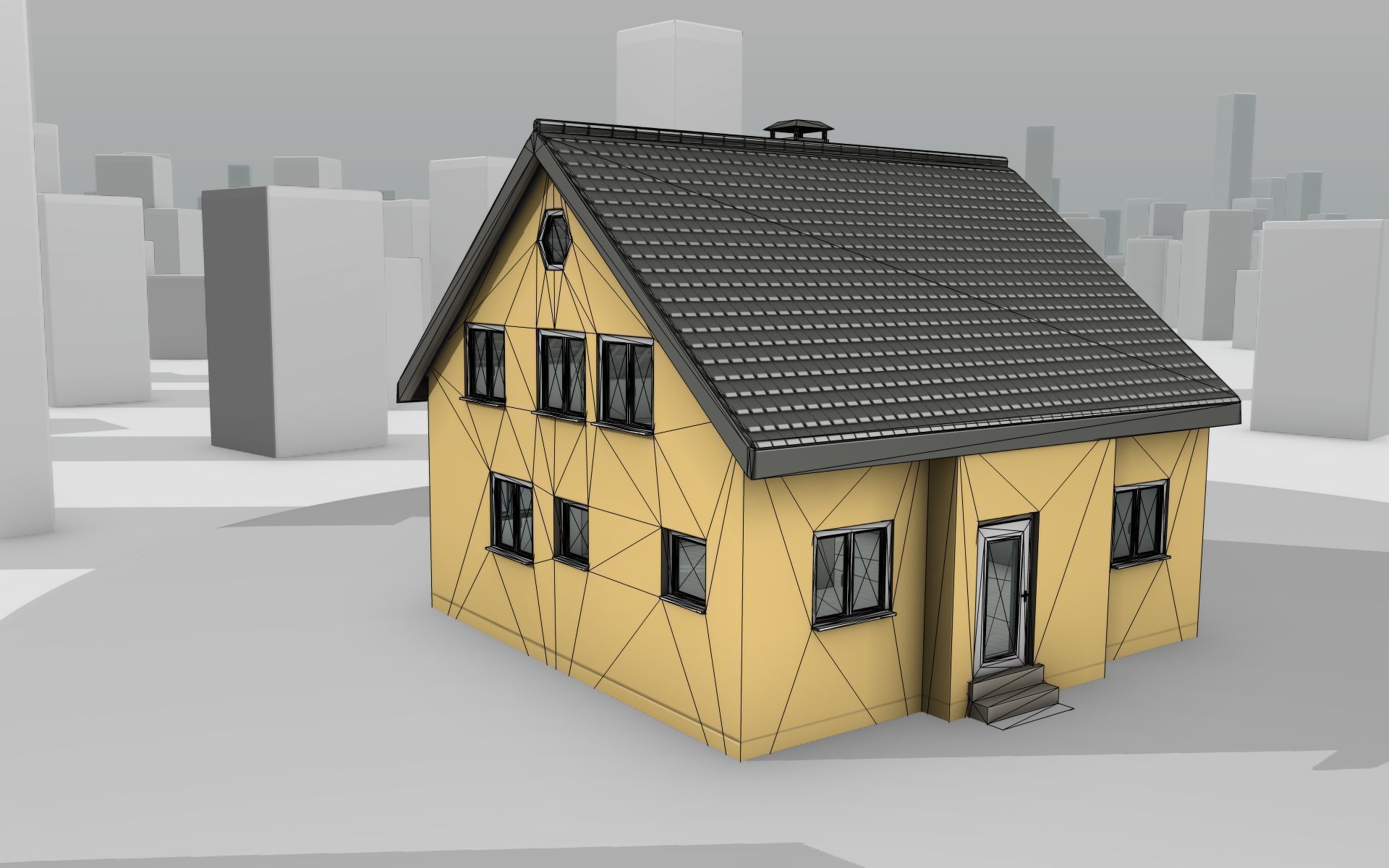City House -16- Half-Double-House - Roof black - Wall yellow Low-poly 3D model_20