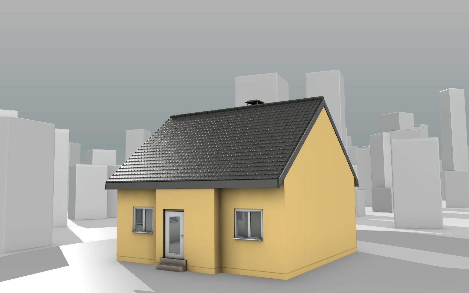 City House -16- Half-Double-House - Roof black - Wall yellow Low-poly 3D model_12