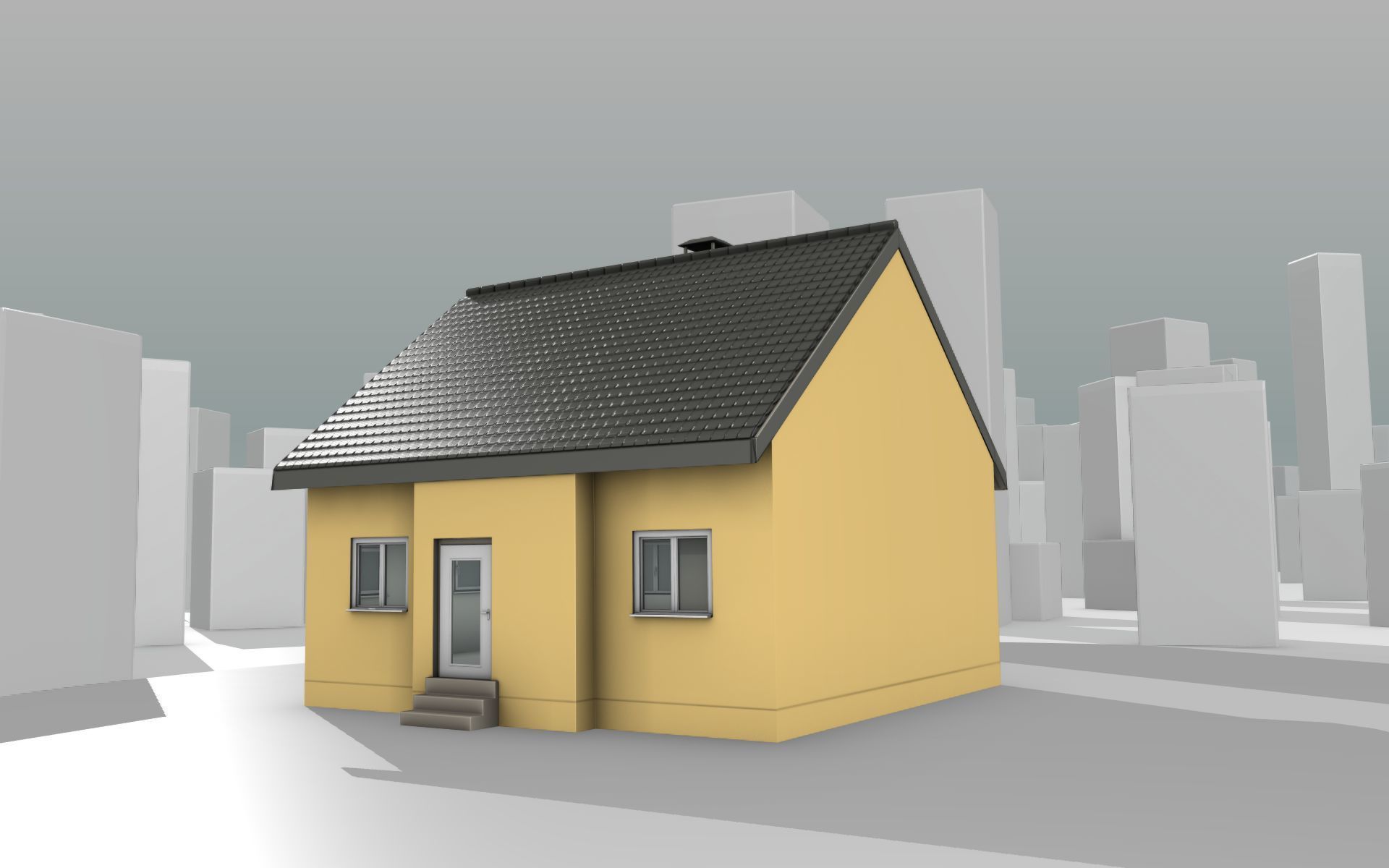 City House -16- Half-Double-House - Roof black - Wall yellow Low-poly 3D model_11