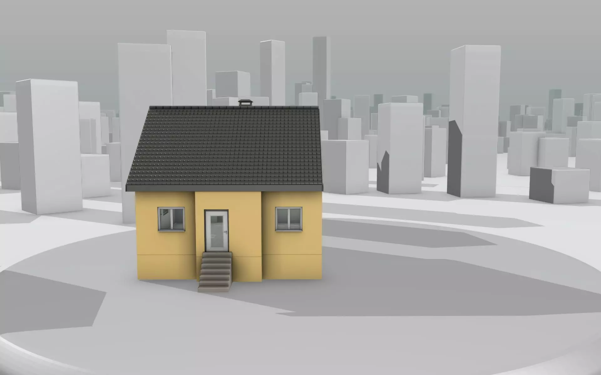 City House -16- Half-Double-House - Roof black - Wall yellow Low-poly 3D model_0