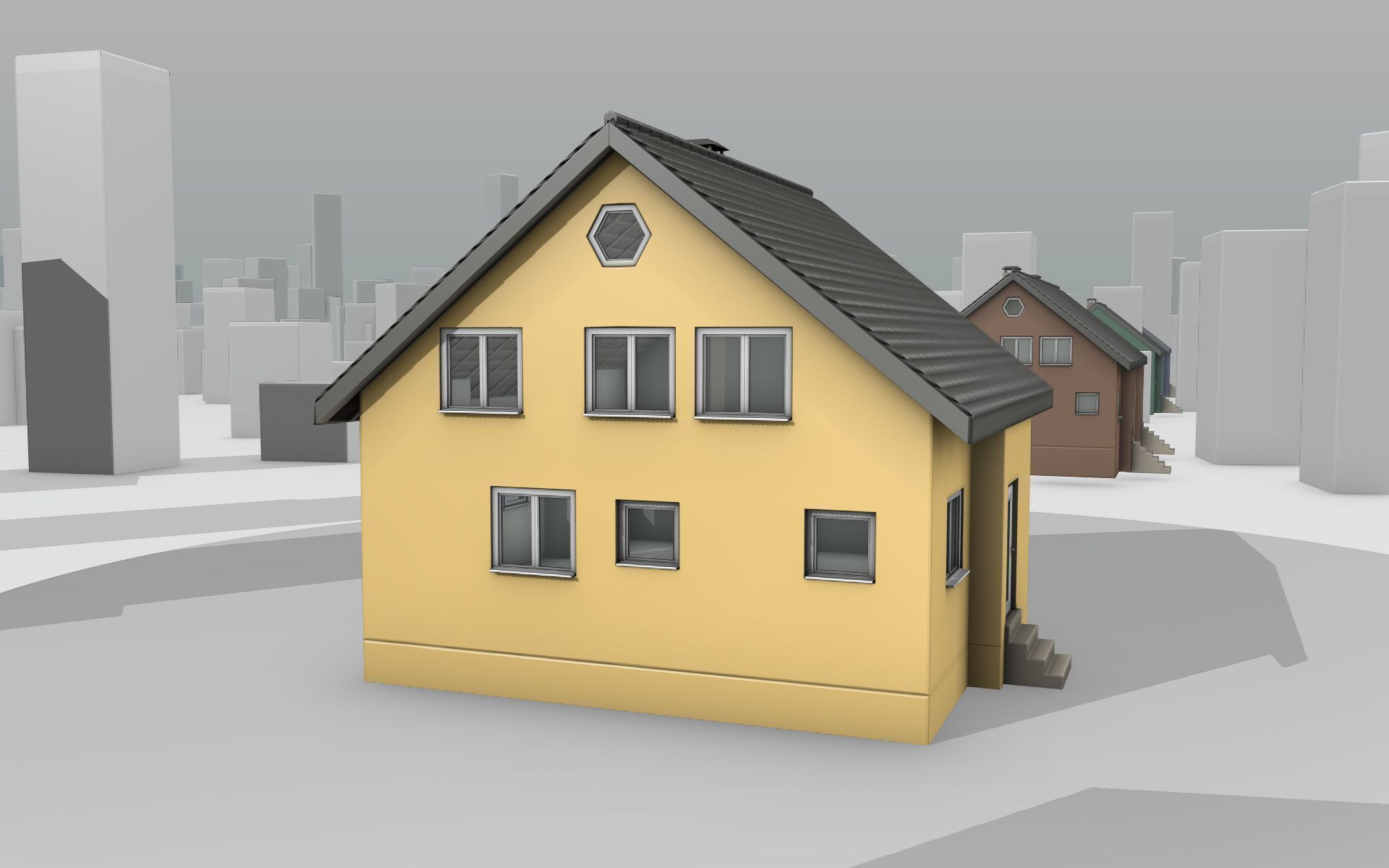 City House -16- Half-Double-House - Roof black - Wall yellow Low-poly 3D model_3
