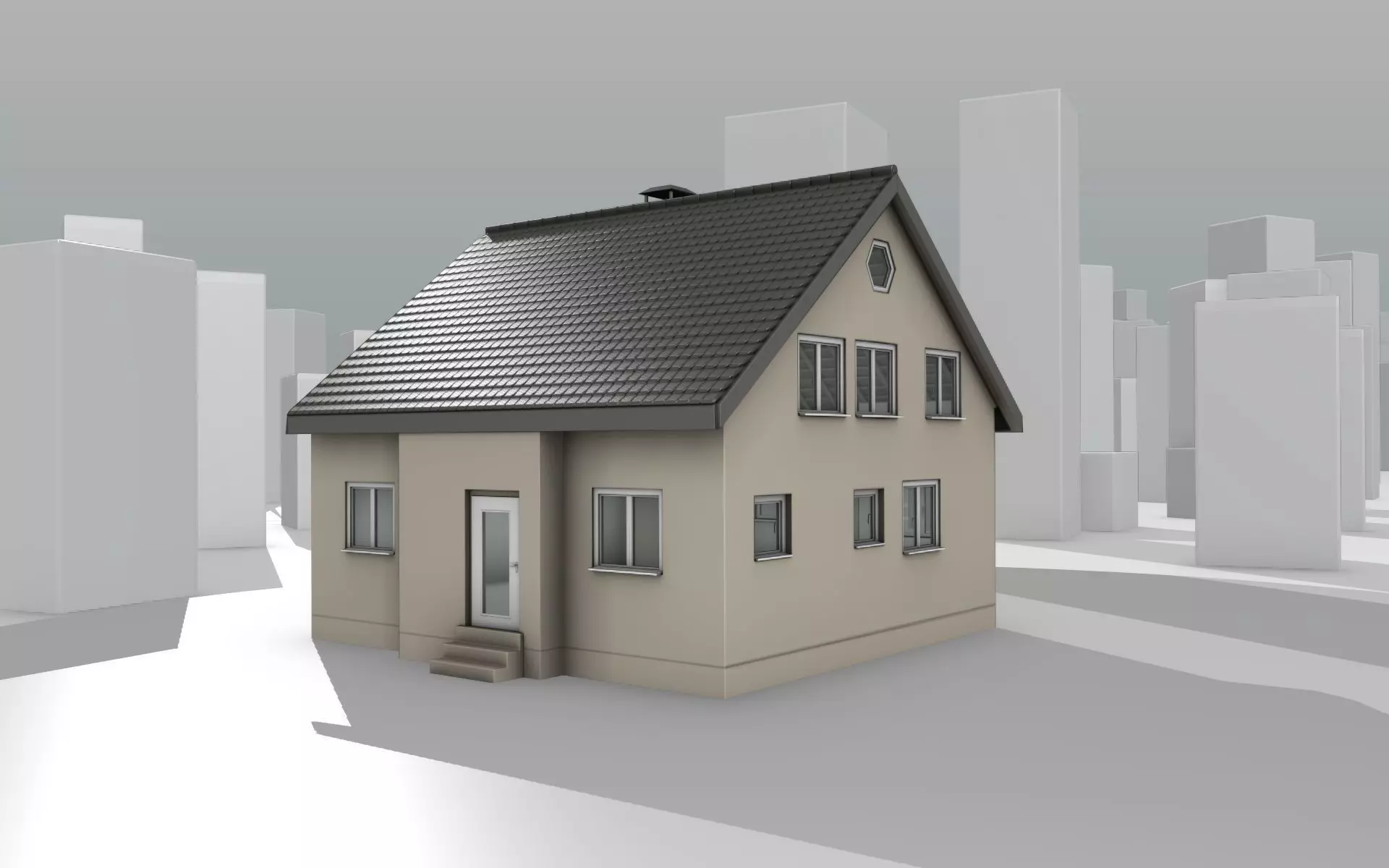 City House -15- Half-Double-House - Roof black - Wall skinyellow Low-poly 3D model_0