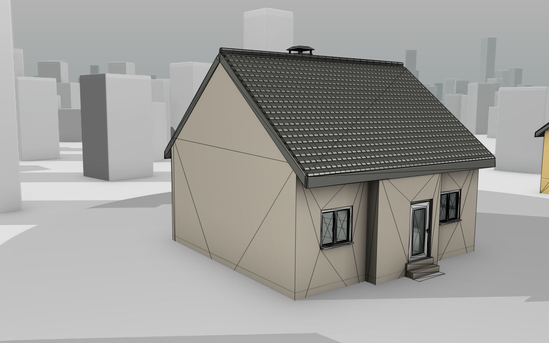 City House -15- Half-Double-House - Roof black - Wall skinyellow Low-poly 3D model_19