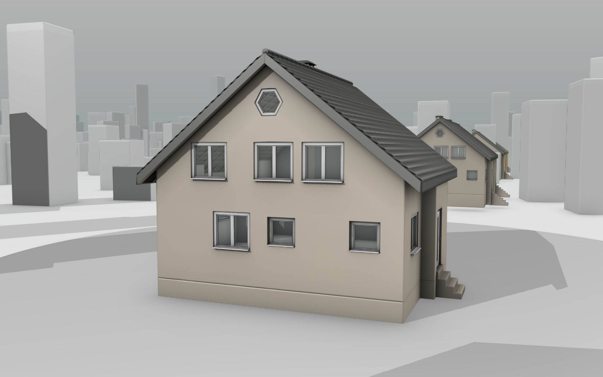City House -13- Half-Double-House - Roof black - Wall skinyellow Low-poly 3D model_3