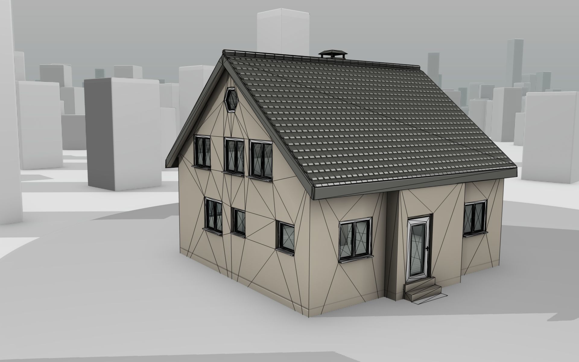 City House -13- Half-Double-House - Roof black - Wall skinyellow Low-poly 3D model_20