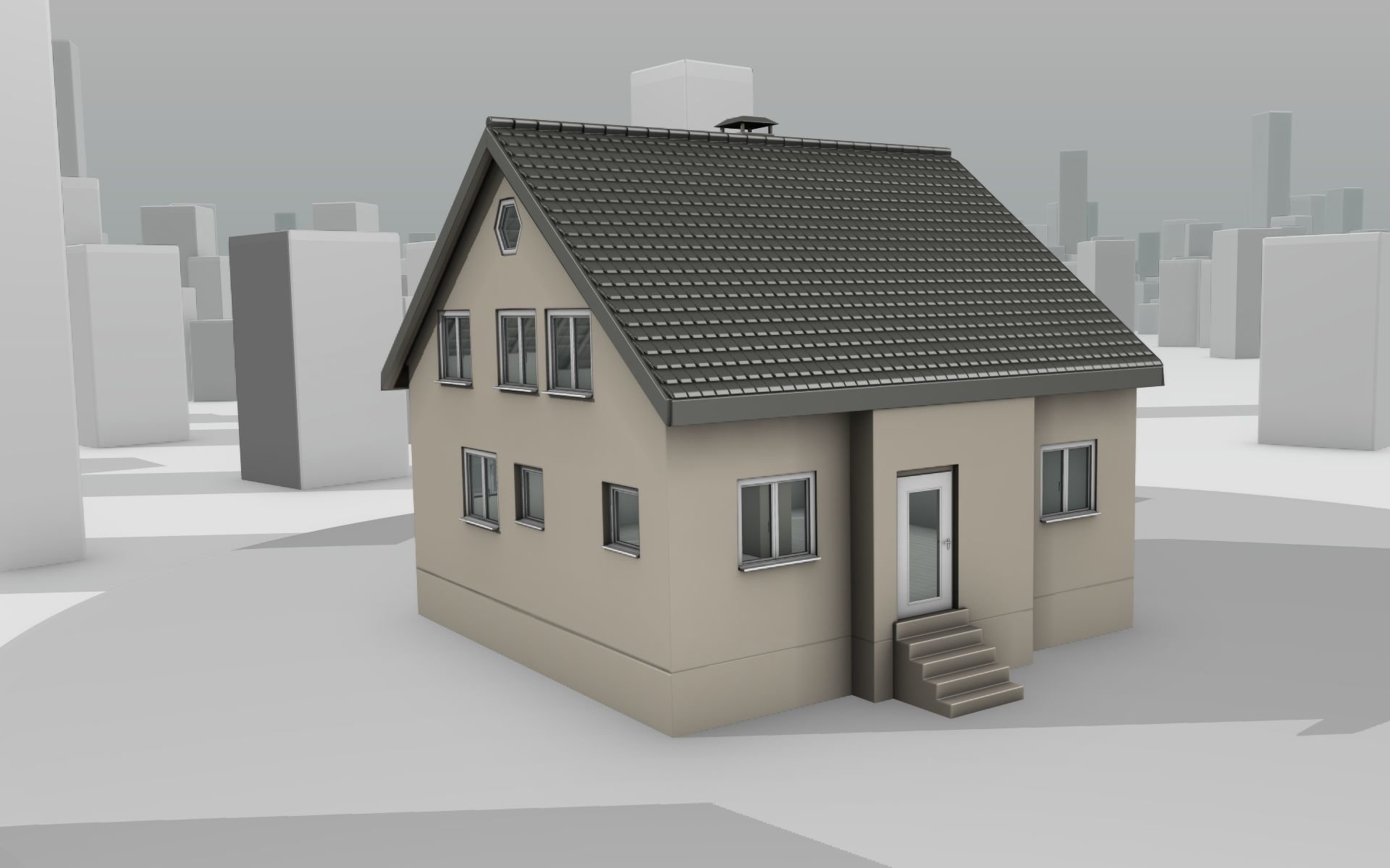 City House -13- Half-Double-House - Roof black - Wall skinyellow Low-poly 3D model_2