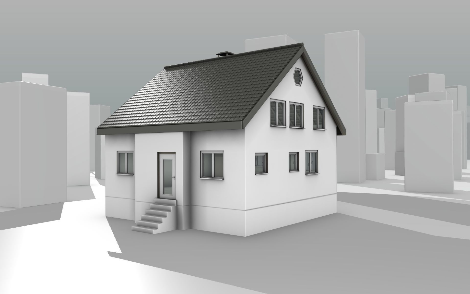 City House -12- Half-Double-House - Roof black - Wall white Low-poly 3D model_10