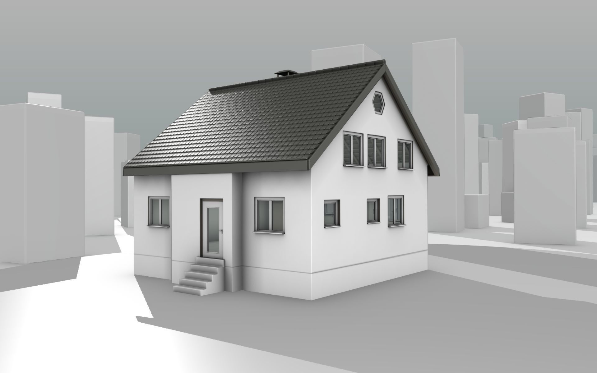 City House -12- Half-Double-House - Roof black - Wall white Low-poly 3D model_11