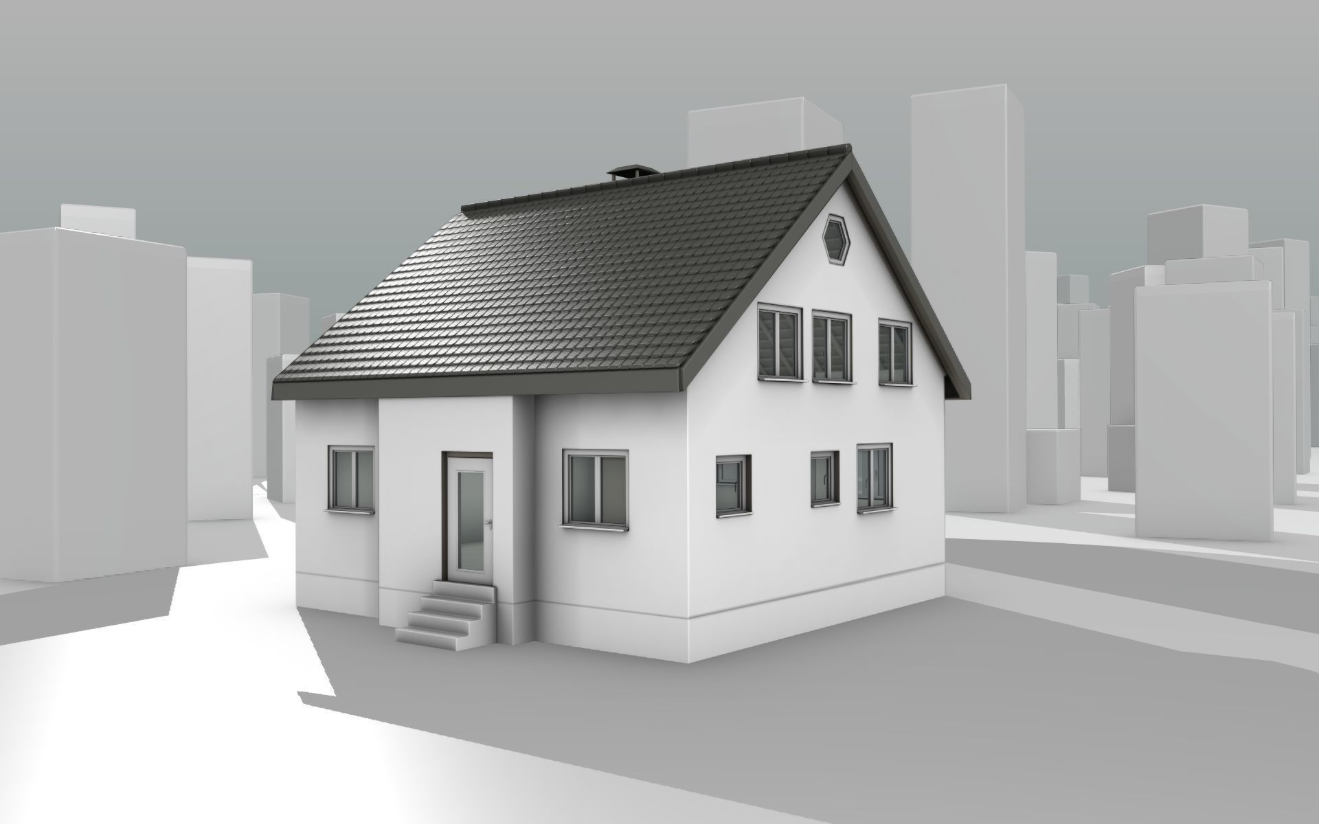 City House -12- Half-Double-House - Roof black - Wall white Low-poly 3D model_12