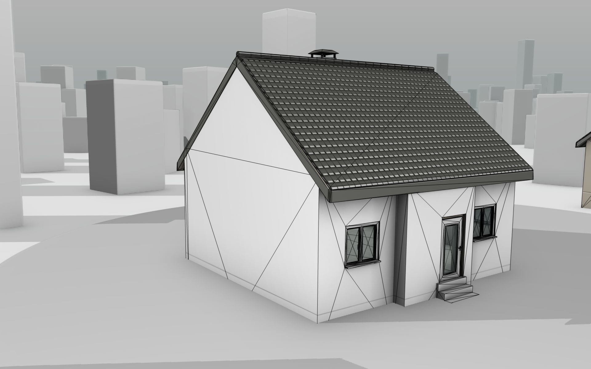City House -12- Half-Double-House - Roof black - Wall white Low-poly 3D model_21