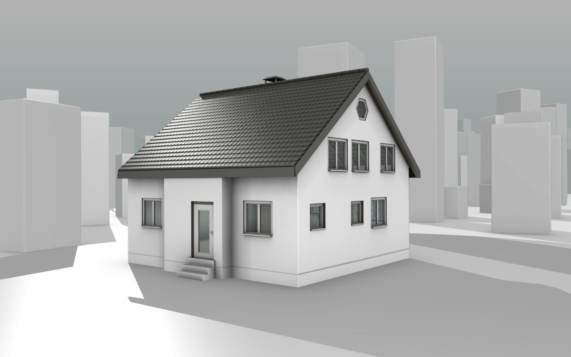 City House -12- Half-Double-House - Roof black - Wall white Low-poly 3D model_13