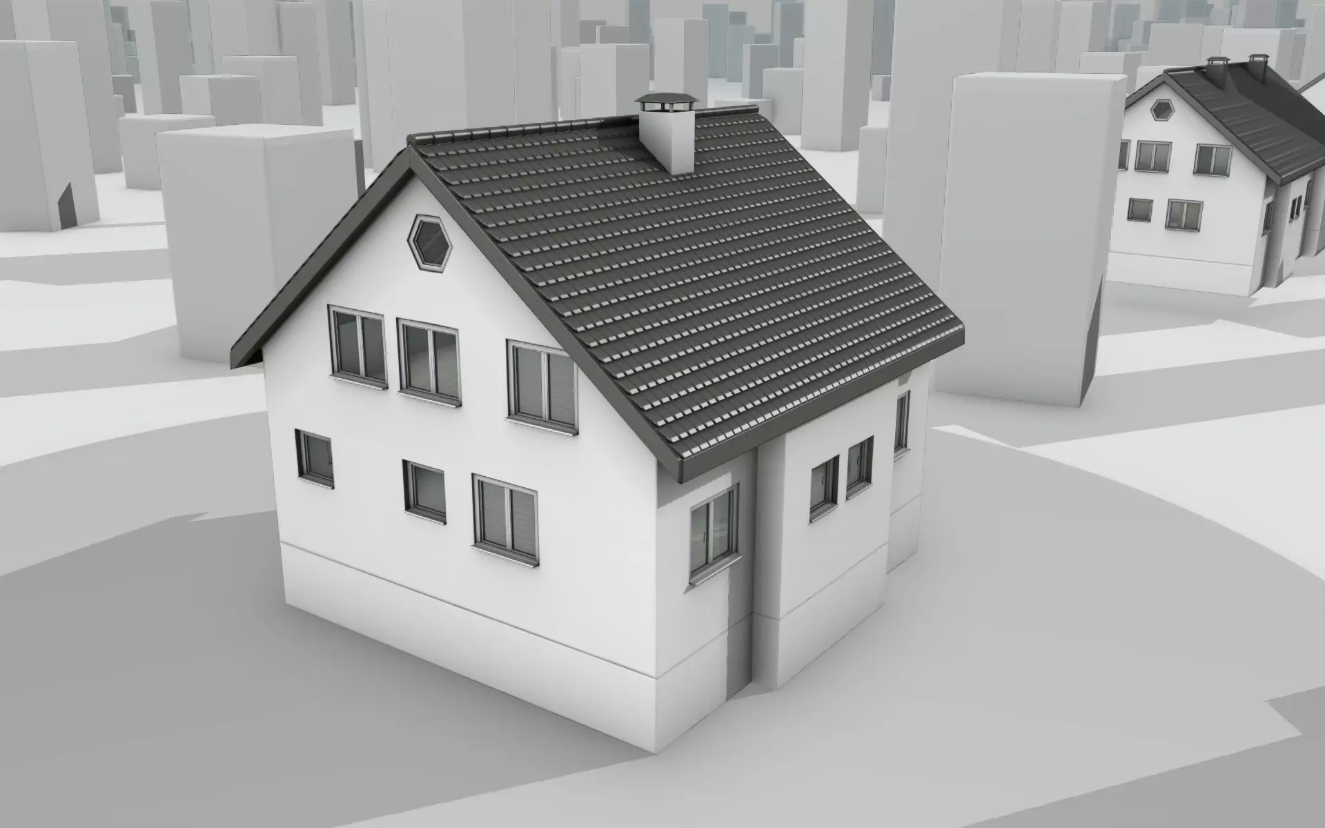 City House -12- Half-Double-House - Roof black - Wall white Low-poly 3D model_0