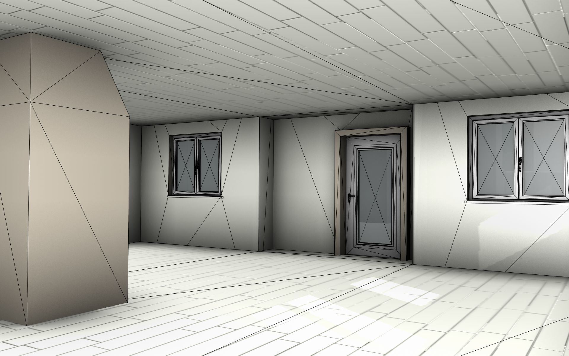 City House -11- Double-House - Roof black - Wall dark white Low-poly 3D model_16