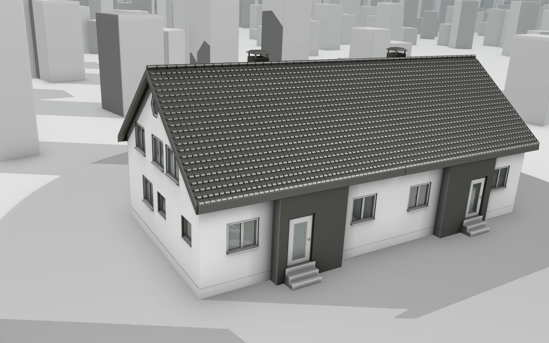 City House -11- Double-House - Roof black - Wall dark white Low-poly 3D model_34