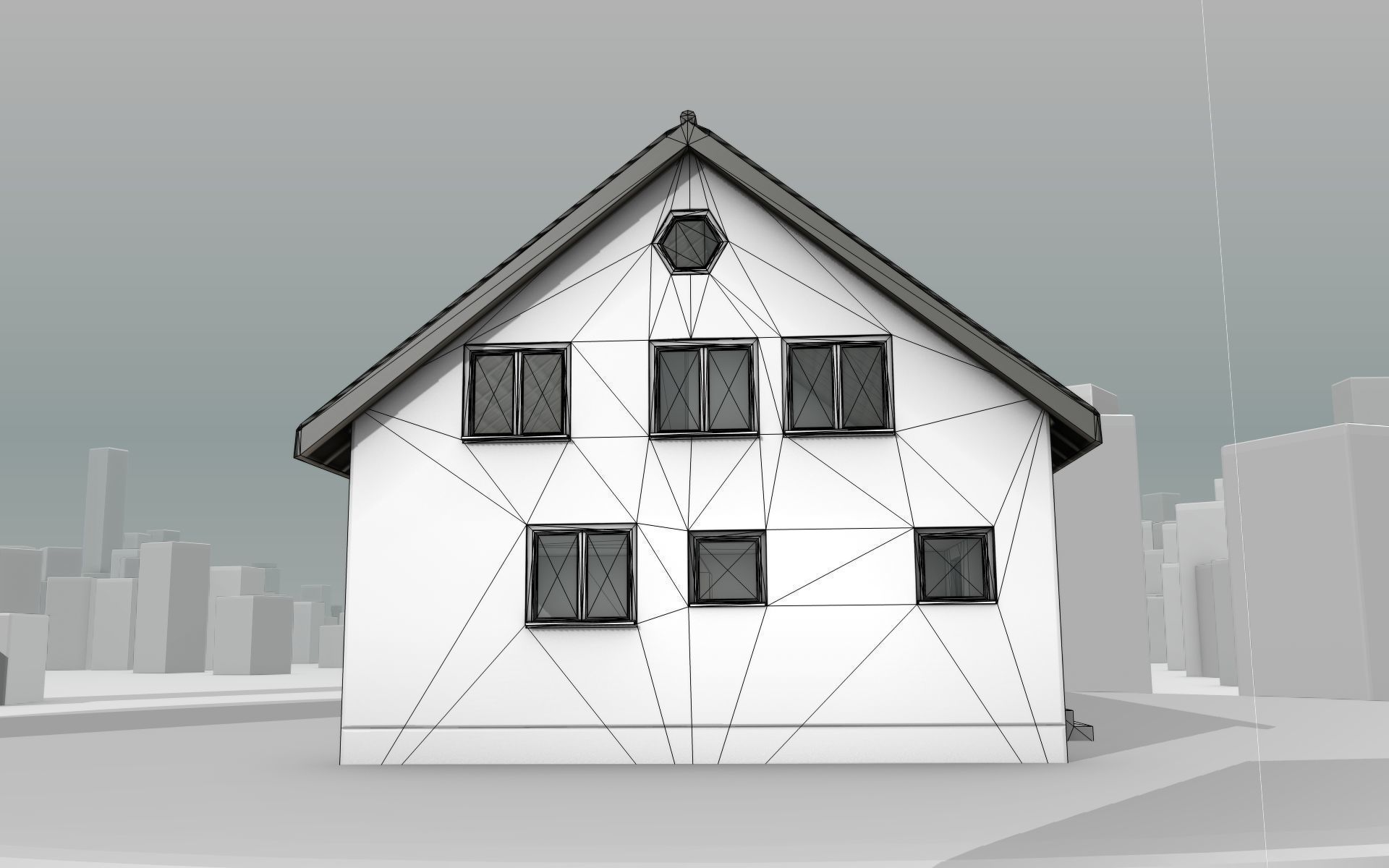 City House -11- Double-House - Roof black - Wall dark white Low-poly 3D model_19