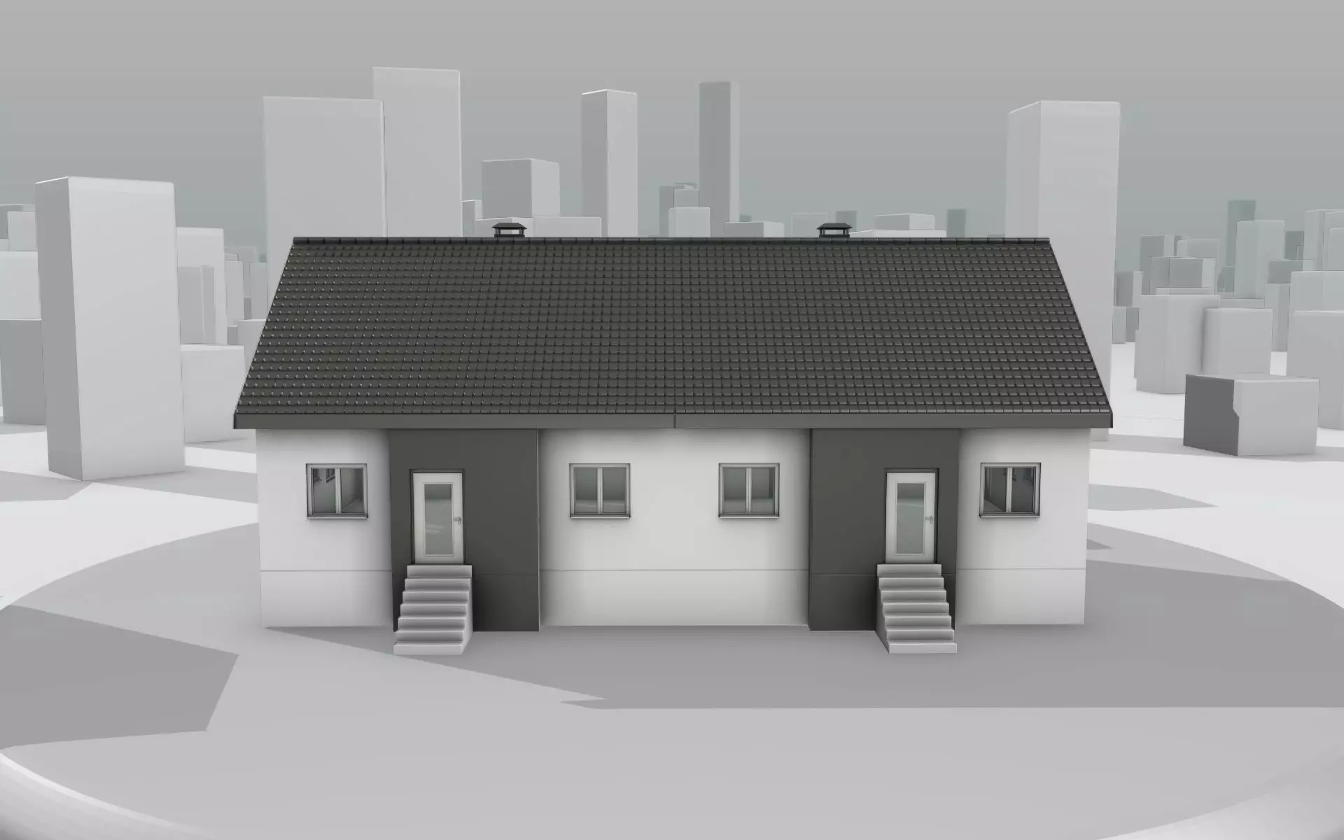 City House -11- Double-House - Roof black - Wall dark white Low-poly 3D model_0