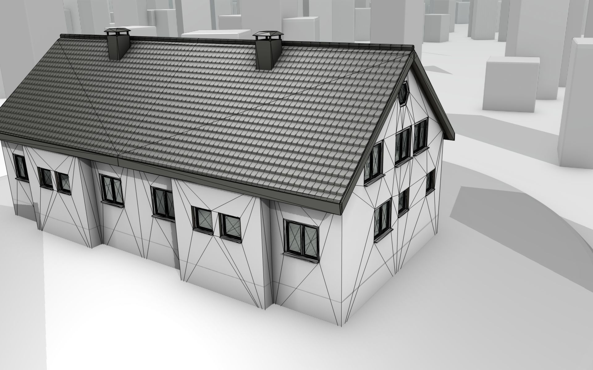 City House -11- Double-House - Roof black - Wall dark white Low-poly 3D model_17
