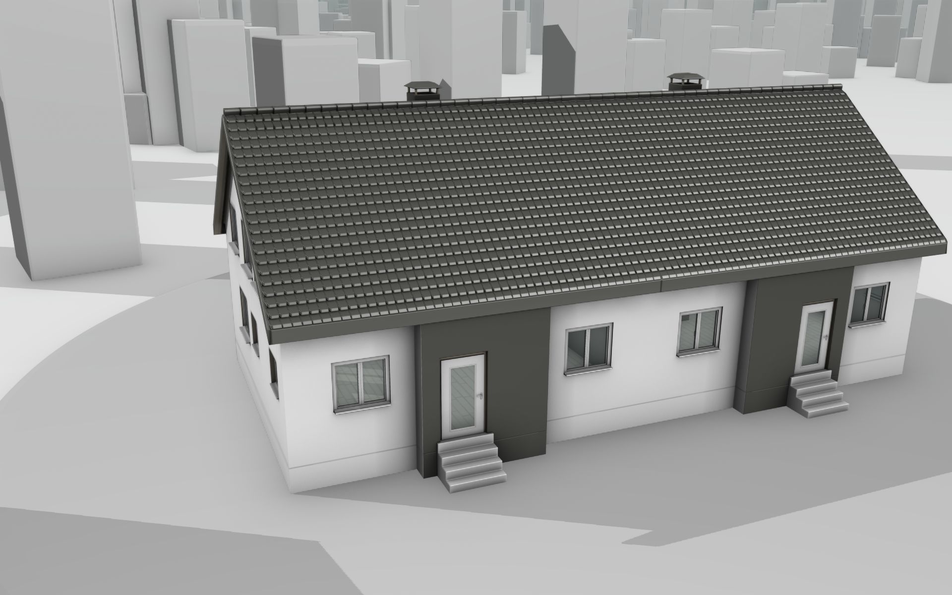 City House -11- Double-House - Roof black - Wall dark white Low-poly 3D model_33