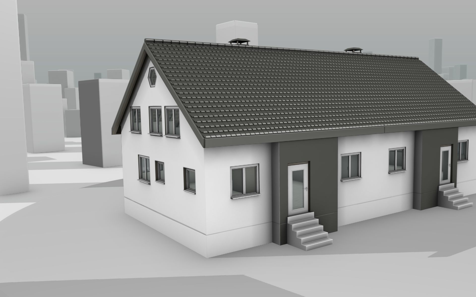 City House -11- Double-House - Roof black - Wall dark white Low-poly 3D model_2