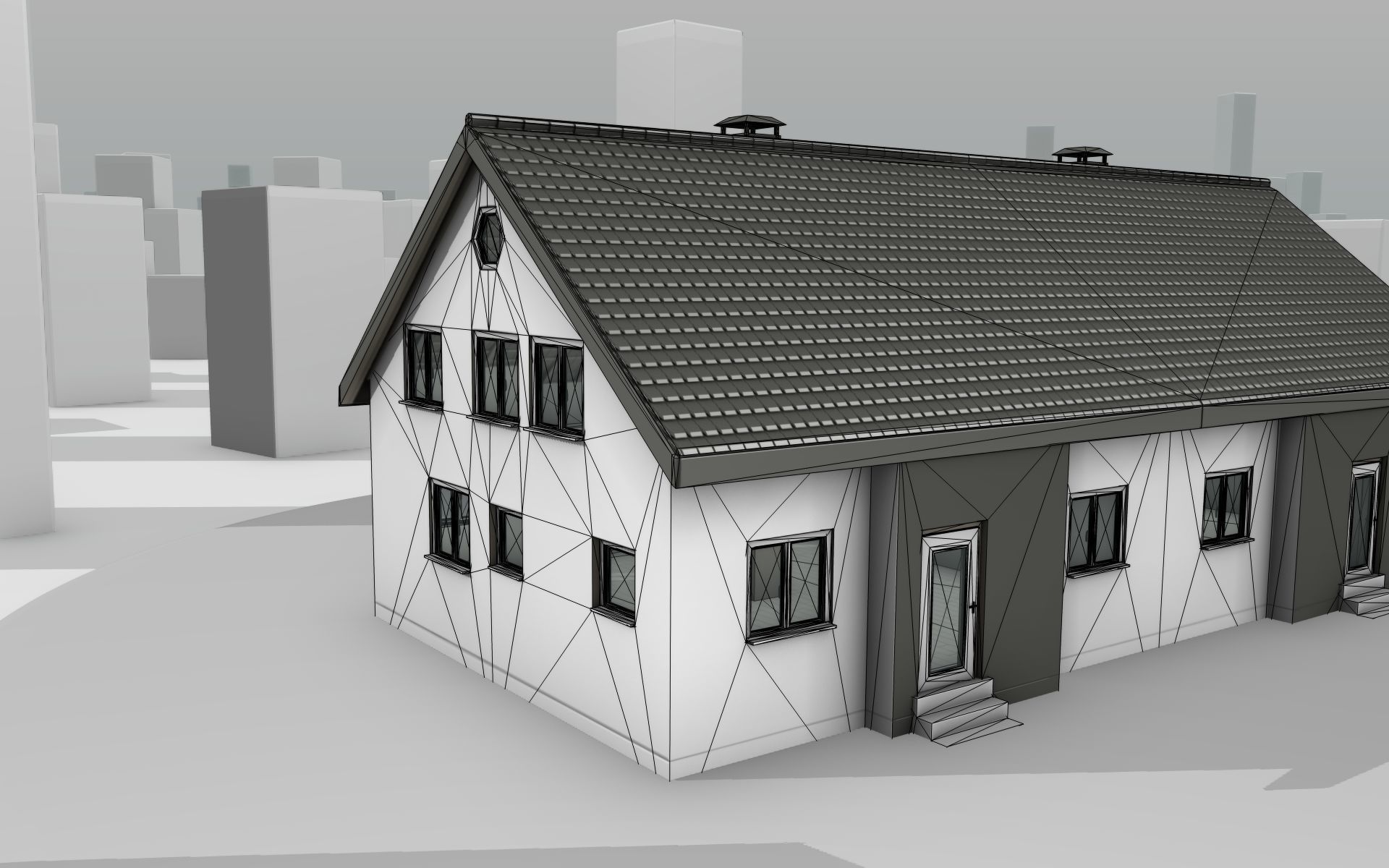 City House -11- Double-House - Roof black - Wall dark white Low-poly 3D model_20