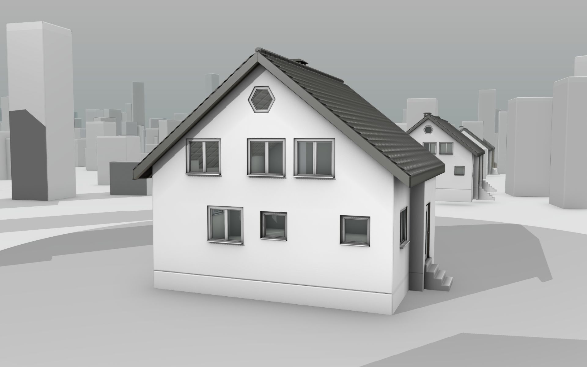 City House -10- Half-Double-House - Roof black - Wall white Low-poly 3D model_7