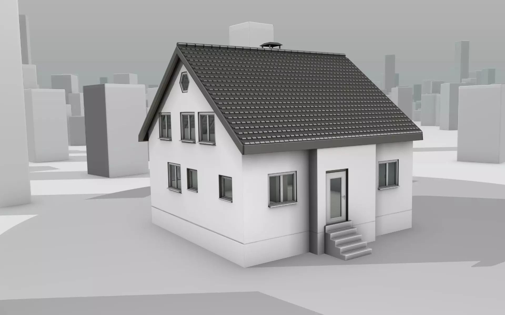 City House -10- Half-Double-House - Roof black - Wall white Low-poly 3D model_0