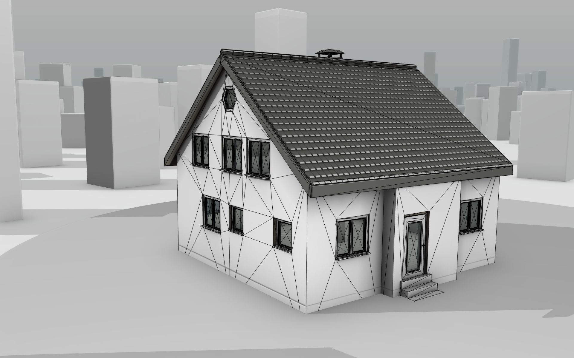 City House -10- Half-Double-House - Roof black - Wall white Low-poly 3D model_22