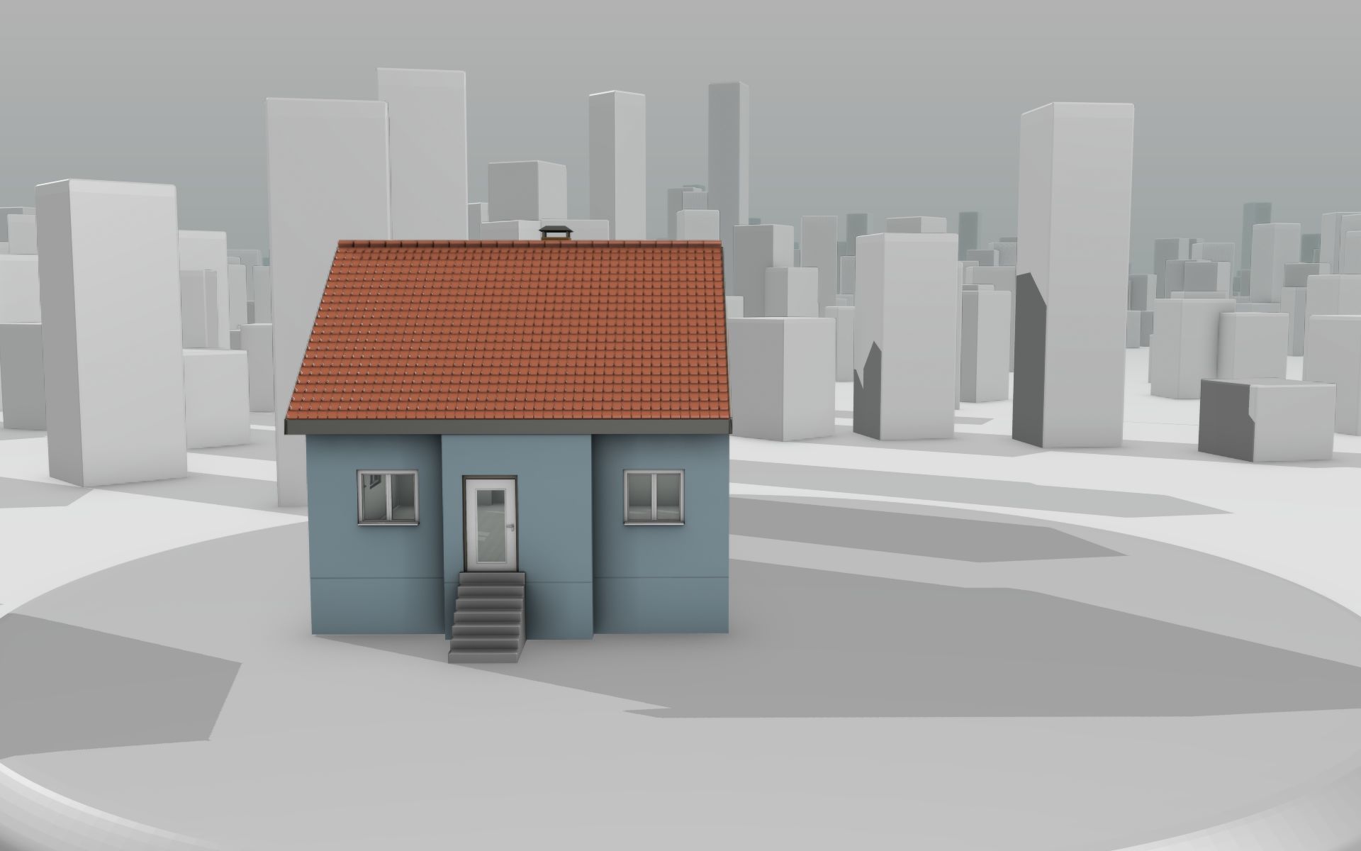 City House - 7 - Half-Double-House - Roof red - Wall skyblue Low-poly 3D model_2
