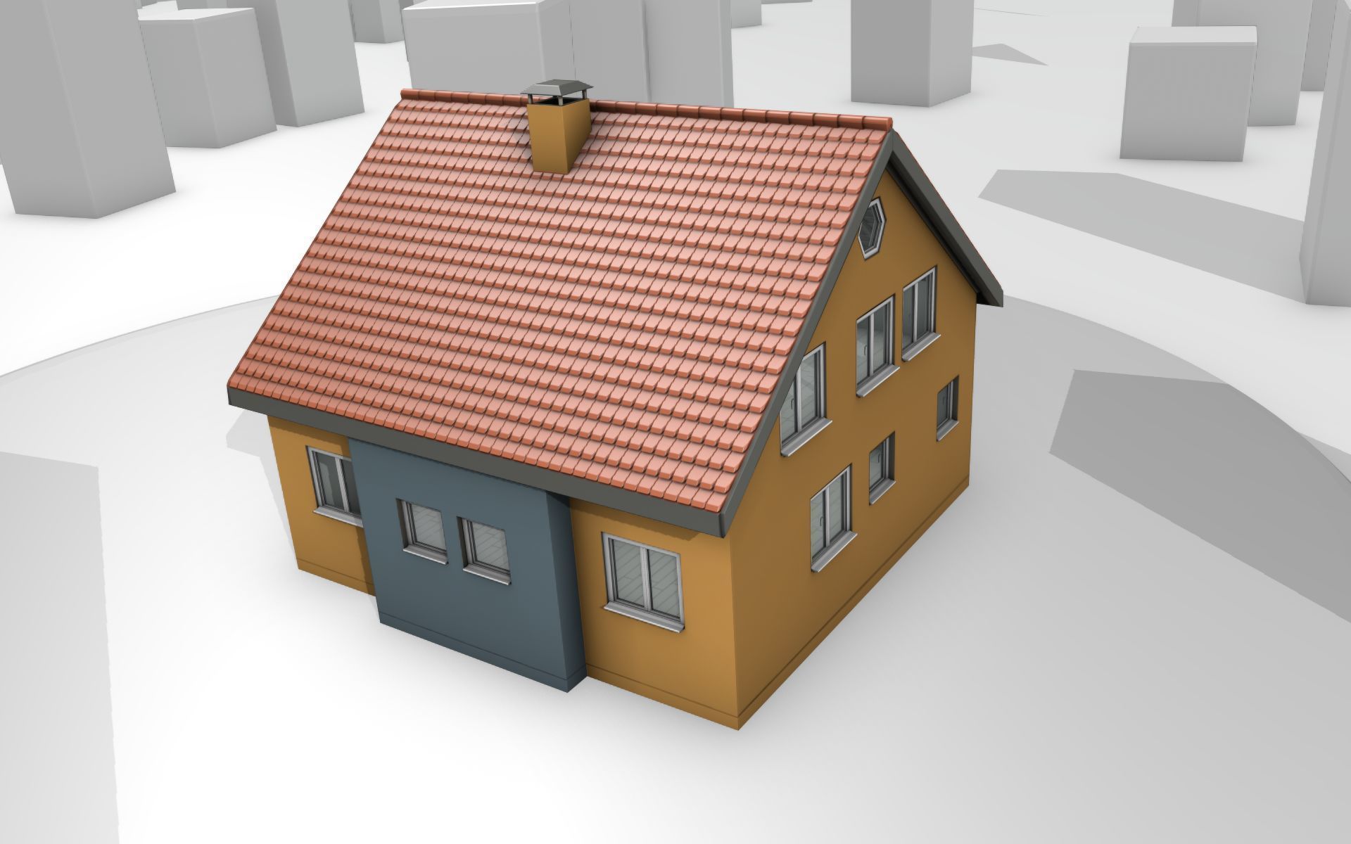 City House - 7 - Half-Double-House - Roof red - Wall skyblue Low-poly 3D model_6