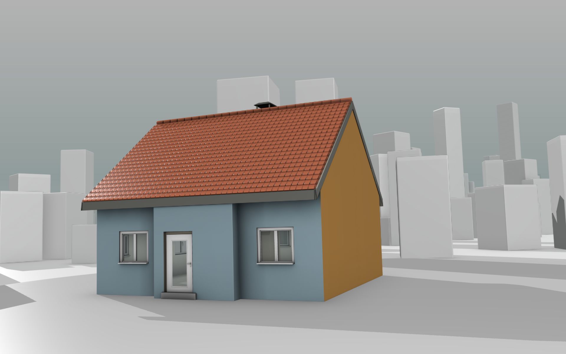 City House - 7 - Half-Double-House - Roof red - Wall skyblue Low-poly 3D model_13