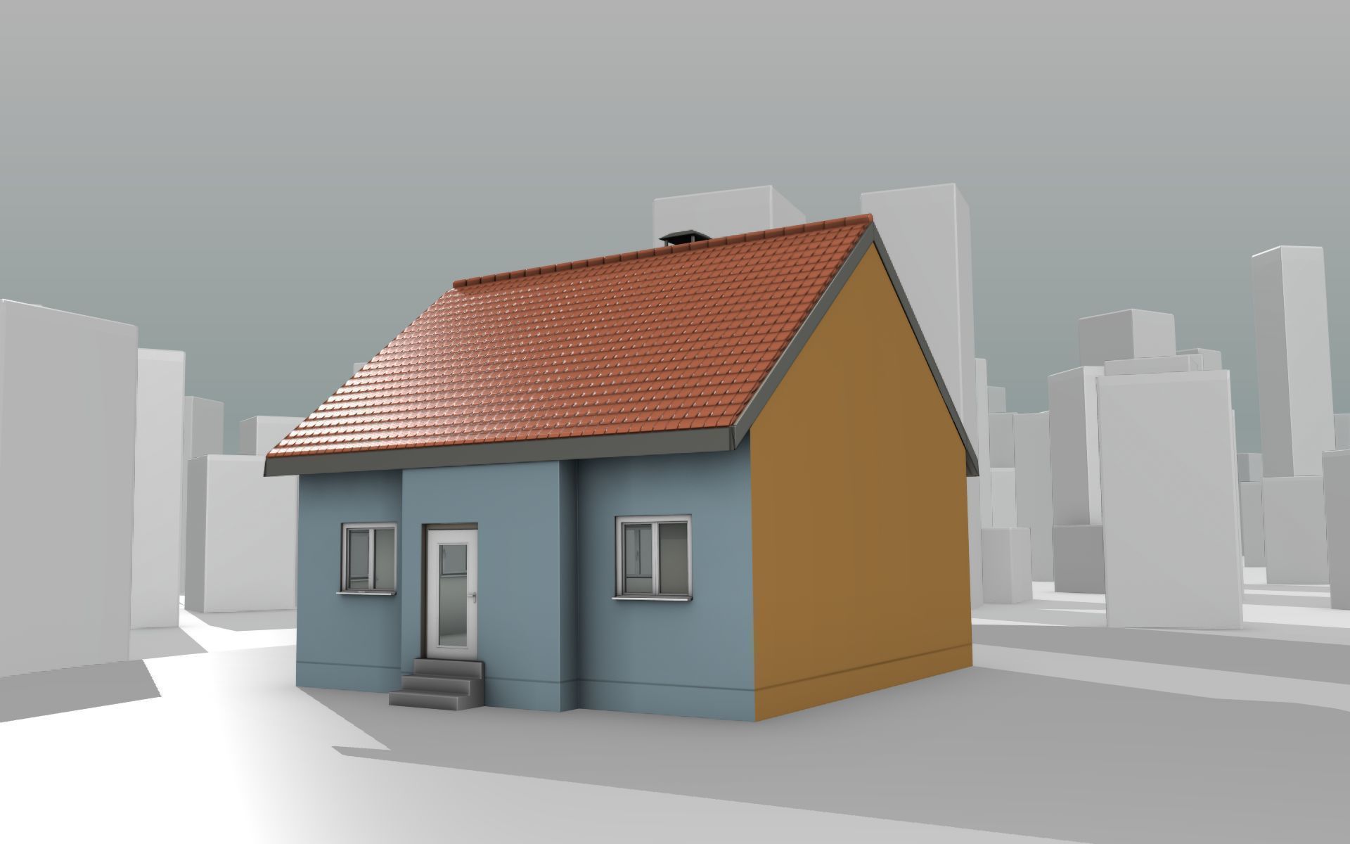 City House - 7 - Half-Double-House - Roof red - Wall skyblue Low-poly 3D model_11