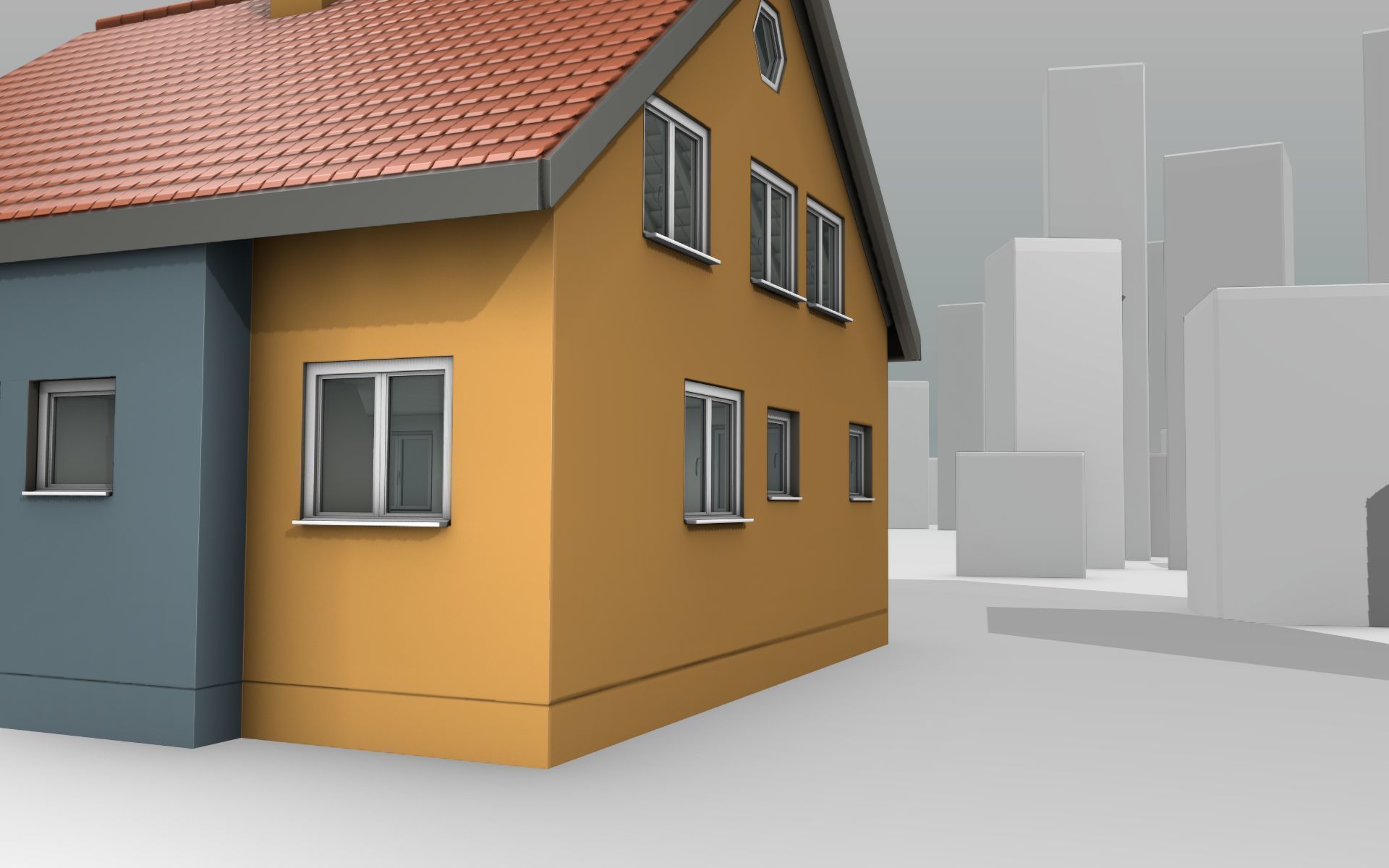 City House - 7 - Half-Double-House - Roof red - Wall skyblue Low-poly 3D model_39
